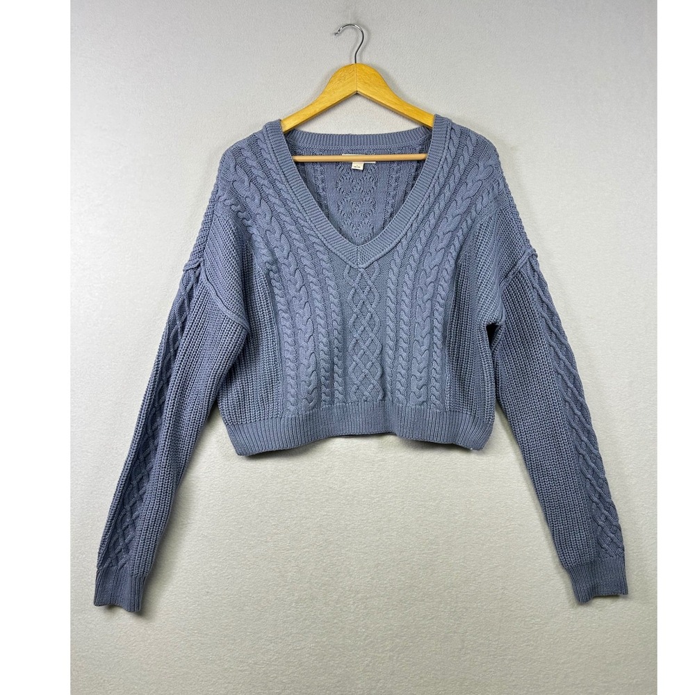 Aeropostale Cable Knit Sweater Womens Large Blue Purple Cropped V-Neck
